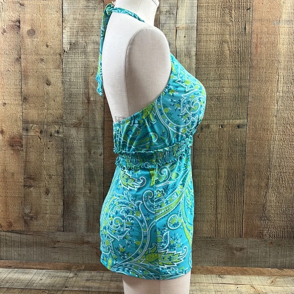 A Pea In The Pod Blue Green Patterned Halter Tankini Top Womens Small Padded - Picture 4 of 6